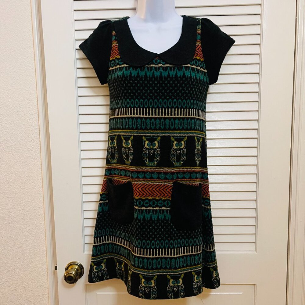 Gracia BOHO Owl Print Knit Dress  S  Pockets & Collar
